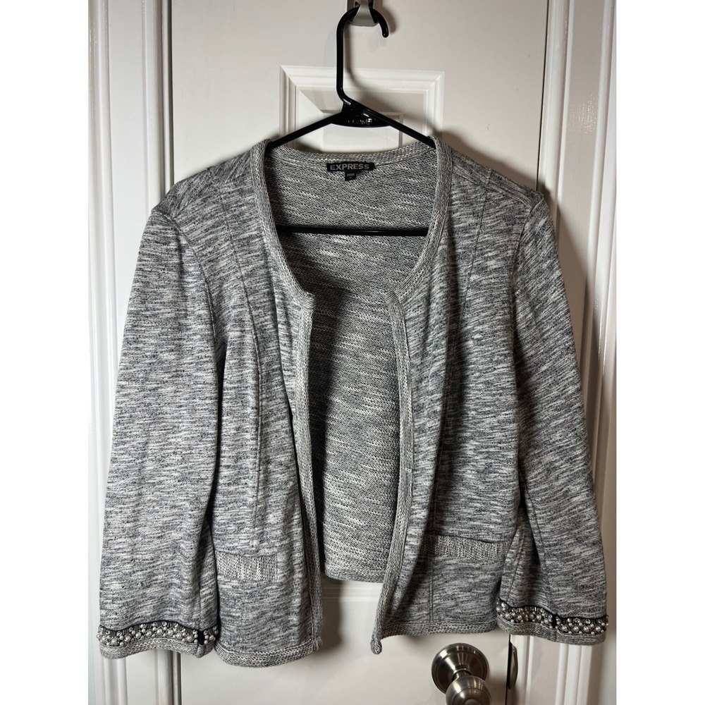 Express Womens Gray Marled Knit Open Front Cardigan Pearl Beaded Cuff Medium